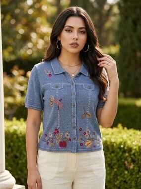 Alfred Dunner Vintage Grannycore Blue Embroidered Floral Knit Cottagecore Large